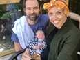 Ontario curler Morgan Lavell with husband Ryan and five-month-old son Max. The curling community has rallied around Lavell as she battles breast cancer after giving birth to her first child in June.