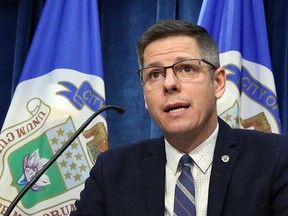 Mayor Brian Bowman speaks during a press briefing at city hall in Winnipeg on Tuesday, Nov. 17, 2020.