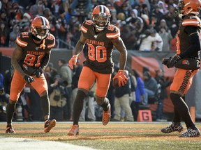 Browns wide receivers Rashard Higgins #81 and Jarvis Landry #80, as well as two of their backups, will miss Sunday's game.