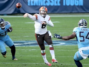 Quarterback Baker Mayfield #6 of the Cleveland Browns throws against the Tennessee Titans in the third quarter at Nissan Stadium on December 06, 2020 in Nashville, Tenn. )