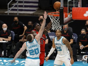 Raptors' Pascal Siakam goes to the hoop against the Charlotte Hornets.