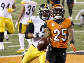 Cincinnati Bengals running back Giovani Bernard, right, runs past Pittsburgh Steelers defensive end Cameron Heyward for the touchdown during the second quarter at Paul Brown Stadium in Cincinnati, Ohio, Dec. 21, 2020.