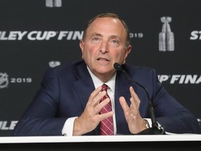 Commissioner Gary Bettman of the National Hockey League speaks with the media.