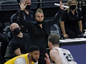 Assistant coach Becky Hammon of the San Antonio Spurs takes over head coaching duties after Gregg Popovich was ejected at AT&T Center on Dec. 30, 2020 in San Antonio, Texas.