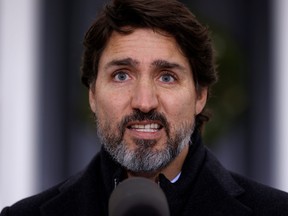 Prime Minister Justin Trudeau attends a news conference at Rideau Cottage, as efforts continue to help slow the spread of COVID-19, in Ottawa, Nov. 20, 2020.