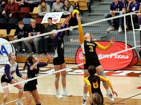 Emily Scott, setter for the Dakota Lancers, dumps on her opponent in the 2019 provincial tournament.