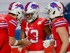 Gabriel Davis, centre, of the Bills celebrates his touchdown against the Steelers during the third quarter at Bills Stadium in Orchard Park, N.Y., Sunday, on Dec. 13, 2020.