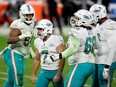 Dolphins kicker Jason Sanders (7) celebrates a field goal against the Raiders in the fourth quarter at Allegiant Stadium in Las Vegas, Saturday, Dec. 26, 2020.