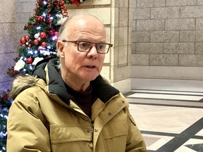 Dr. Jon Gerrard (MLA, River Heights) speaks with media on Wednesday regarding solutions to homelessness.
James Snell/Winnipeg Sun