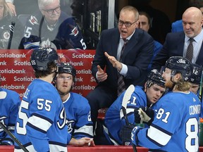 Winnipeg Jets head coach Paul Maurice directs his troops during a timeout late in the game against the Buffalo Sabres in Winnipeg on Tues., March 3, 2020.