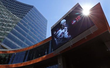 A video screen that is part of a tribute to former Winnipeg Jets superstar Dale Hawerchuk in True North Square in Winnipeg is pictured on Wed., Aug. 19, 2020. Kevin King/Winnipeg Sun/Postmedia Network
