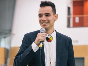 Michael Redhead Champagne, founder of Fearless R2W, gives a talk at Manito Ahbee Festival’s Youth Education Day in 2017/ handout ADAM COLLIER