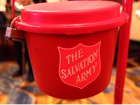 A locked Salvation Army kettle is shown during the launch of the Salvation Army Christmas Kettle Campaign on Wednesday November 12, 2014 in Calgary, Alta.