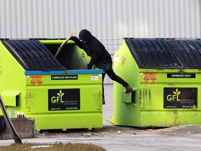A person peers into a recycling bin on Higgins Avenue in Winnipeg on Thurs., Dec. 10, 2020. Kevin King/Winnipeg Sun/Postmedia Network