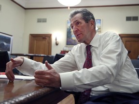 Premier Brian Pallister is pictured in his office at the Manitoba Legislative Building in Winnipeg during a one-on-one interview with Sun columnist Josh Aldrich on Monday, Dec. 14, 2020.