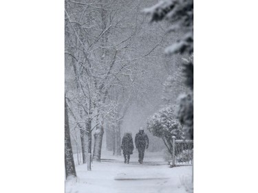 An afternoon snowfall in Osborne Village, in Winnipeg.  Wednesday, April 8, 2020.