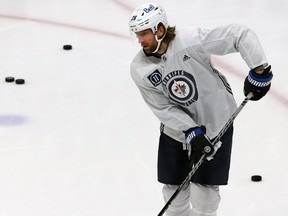 Blake Wheeler skates during training camp at Bell MTS Iceplex on Monday. The Jets captain is heading into his 13th NHL season.