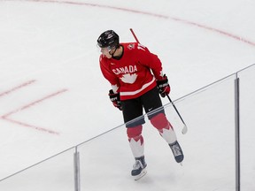 Cole Perfetti of Canada celebrates a goal against Russia during the 2021 IIHF World Junior Championship semifinals at Rogers Place on Jan. 4, 2021 in Edmonton.