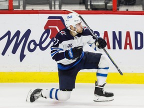 Winnipeg Jets winger Nikolaj Ehlers celebrates his overtime game-winning goal against the Ottawa Senators on Tuesday.