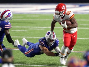 Clyde Edwards-Helaire of the Kansas City Chiefs carries the ball against A.J. Klein of the Buffalo Bills earlier this season.