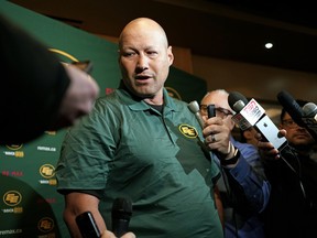 Edmonton Football Team head coach Scott Milanovich gets introduced at a press conference at the Sawmill Restaurant in Sherwood Park on Jan. 15, 2020.