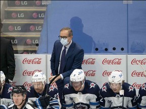 Jan 18, 2021; Toronto, Ontario, CAN; Winnipeg Jets head coach Paul Maurice watches the play during the first period against the Toronto Maple Leafs at Scotiabank Arena. Mandatory Credit: Nick Turchiaro-USA TODAY Sports ORG XMIT: IMAGN-444950