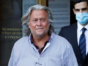 Former White House Chief Strategist Steve Bannon exits the Manhattan Federal Court, following his arraignment hearing for conspiracy to commit wire fraud and conspiracy to commit money laundering, in the Manhattan borough of New York City, Aug. 20, 2020.