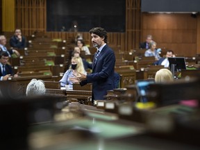 Prime Minister Justin Trudeau rises during Question Period in the House of Commons on Parliament Hill, in Ottawa, Tuesday, Sept. 29, 2020.