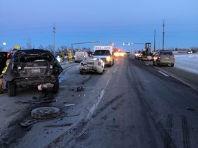 Debris litters the roadway following a serious collision involving several vehicles on the Perimeter Highway on Thursday.