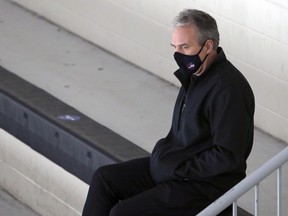 General manager Kevin Cheveldayoff observes Winnipeg Jets training camp at Bell MTS Iceplex in Winnipeg on Tuesday, Jan. 5, 2021.