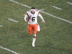 Cleveland Browns quarterback Baker Mayfield (6) runs off the field after the AFC Wild Card playoff game against the Pittsburgh Steelers at Heinz Field in Pittsburgh on Jan. 10.