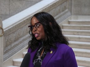 Minister of Mental Health, Wellness and Recover Audrey Gordon talks to the media following her appointment to the Tory cabinet at the Manitoba Legislature in Winnipeg on Tuesday, Jan. 5, 2021. Josh Aldrich/Winnipeg Sun