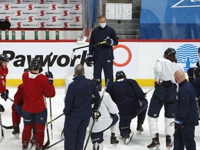 Head coach Paul Maurice in his office during Winnipeg Jets practice at Bell MTS Centre on Sunday.