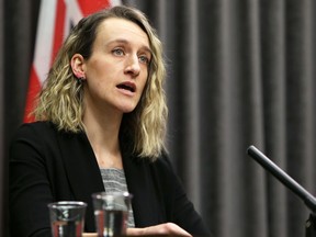 Dr. Joss Reimer, a member of the provincial COVID-19 vaccination task force, speaks during a press briefing at the Manitoba Legislative Building in Winnipeg on Monday, Jan. 18, 2021.