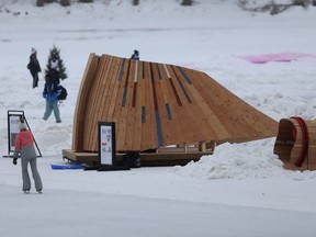 People skate on the Assiniboine River, at The Forks, near The Benesii warming hut on Saturday.