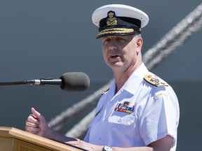Vice-Admiral Art McDonald, the new head of the Navy, addresses the audience at the Royal Canadian Navy Change of Command ceremony in Halifax on Wednesday, June 12, 2019.