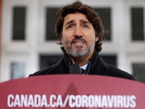 Prime Minister Justin Trudeau speaks during a news conference at Rideau Cottage, as efforts continue to help slow the spread of the coronavirus, in Ottawa, Jan. 5, 2021.