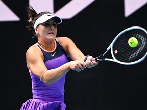 Canada's Bianca Andreescu in action during her first round match against Romania's Mihaela Buzarnescu at the Australian Open at Melbourne Park in Melbourne February 8, 2021.