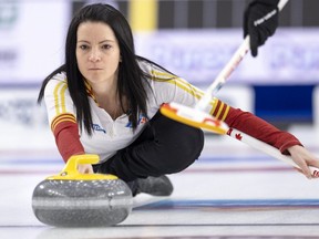 Team Canada skip Kerri Einarson throws her rock in the gold-medal game at the Scotties Tournament of Hearts in Calgary on Feb. 28, 2021.