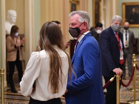 Republican Senator Tommy Tuberville is seen after senators voted to hear witnesses in the second impeachment of former president Donald Trump in the U.S. Capitol in Washington on February 13, 2021.