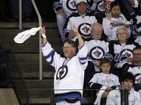 Dancing Gabe Langlois entertains fans at a playoff game between the Winnipeg Jets and the Anaheim Ducks in Winnipeg, Man. Wednesday, April 22, 2015. Gabe will be receiving an honourary diploma from Red River College next week.