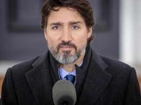 In this file photo taken on Nov. 20, 2020, Prime Minister Justin Trudeau speaks during a COVID-19 pandemic briefing from Rideau Cottage in Ottawa.