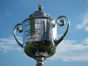 The PGA Championship trophy at the first tee during the first round of the PGA Championship golf tournament at Bethpage State Park