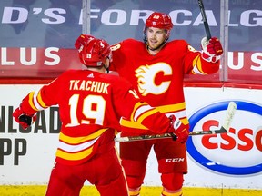 Calgary Flames centre Elias Lindholm (28) celebrates his goal with left wing Matthew Tkachuk (19) during the third period against the Winnipeg Jets at Scotiabank Saddledome. Sergei Belski-USA TODAY Sports