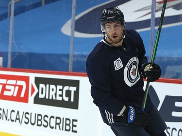 Pierre-Luc Dubois takes the ice for his first practice with the Winnipeg Jets on Sunday, Feb. 7, 2021.
