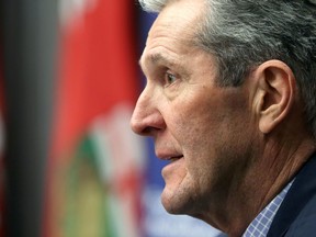 Premier Brian Pallister speaks during a press conference announcing the easing of some COVID-19 restrictions, at the Manitoba Legislative Building in Winnipeg, on Tues., Feb. 9, 2021. Kevin King/Winnipeg Sun/Postmedia Network