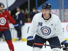 Paul Stastny takes his position during Winnipeg Jets practice at Bell MTS Place in Winnipeg on Tuesday, Feb. 23, 2021.