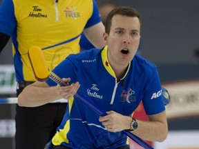 Team Alberta skip Brendan Bottcher shouts instructions during Sunday's Brier final win.