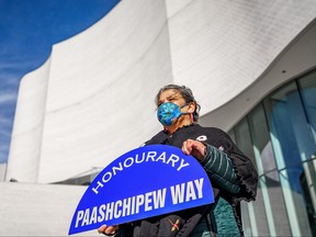 Metis Elder and Michif language keeper Verna DeMontigny at an honourary street renaming of Colony Street between St. Mary Avenue and Portage Avenue in Winnipeg as “Paashchipew Way”, in honour of the Winnipeg Art Gallery’s Qaumajuq on Monday.