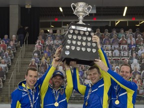 Team Alberta under skip Brendan Bottcher (from left), third Darren Moulding, second Brad Thiessen and lead Karrick Martin defeat Team Wild Card 2, 4-2  to capture the Brier. Curling Canada/ Michael Burns Photo